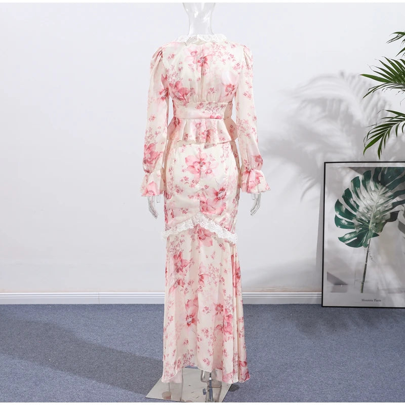 Floral Print V-Neck Flare Sleeve Mermaid Set Waist Cinched Ruffle Hem 2026 Summer Party Women Gown Retro Elegant Lady Vestido