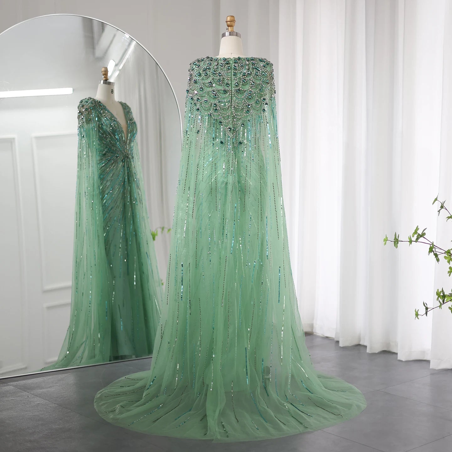 Sharon Said Luxury Dubai Sage Green Evening Dresses with Cape Fuchsia Crystal Gold Women Wedding Party Gowns SS399 Customized
