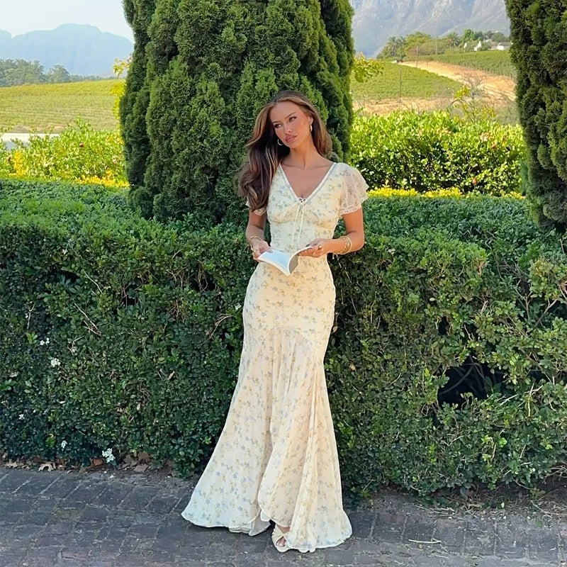 Flutter Sleeves Pleated Long Dress Women Chic Deep V-neck Floral Print Sexy Waist Cinching Vestidos Lady Holiday Street Dresses