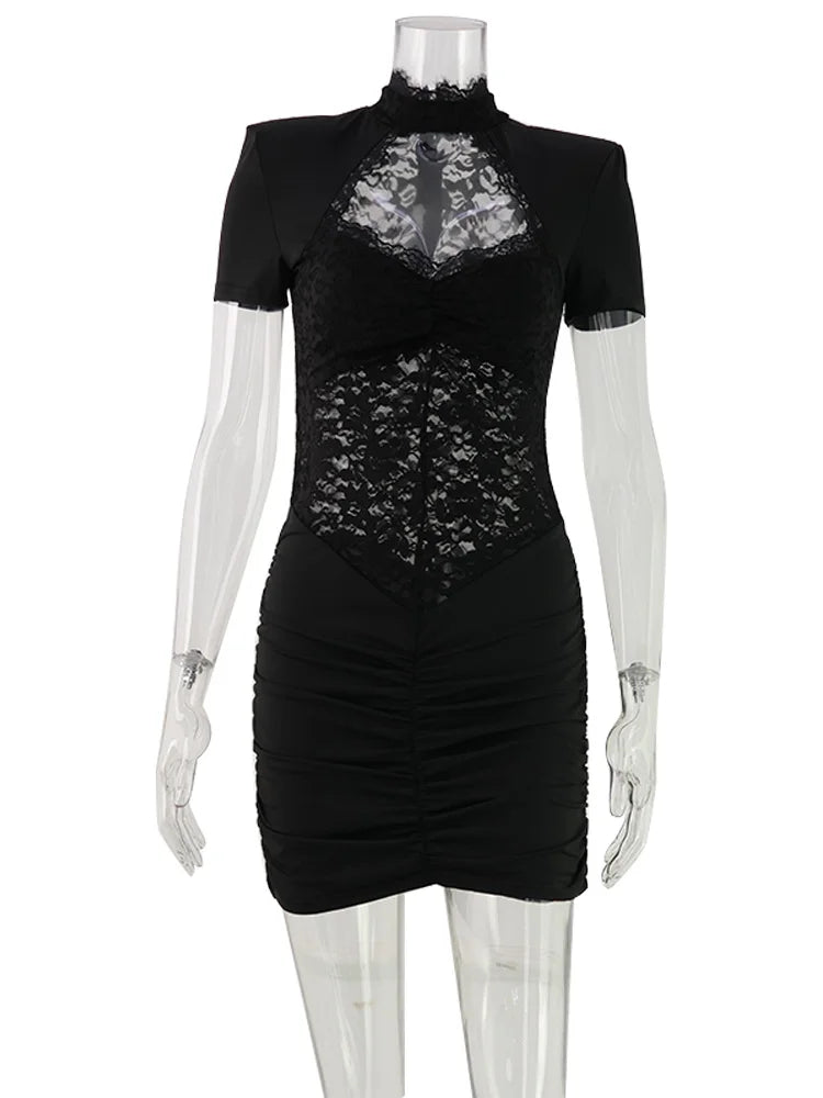 Ahagaga Sexy Patchwork Dresses For Women Short Sleeves Sheath Pleated Slim Fit Hollow Out Lace Basic Trend Streetwear Vestidos