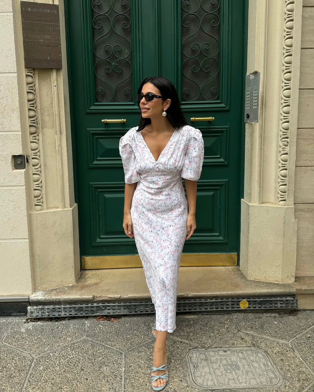 Summer Floral Printed V Neck Long Dress Women Elegant Short Sleeve High Waist Slim Maxi Dress Casual Street Party Lady Vestidos