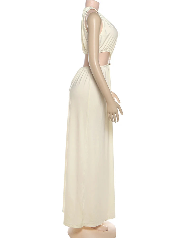 Cutenew Shirring Splice Women Maxi Dresses Classic Solid O-neck Sleeveless Straight Vestidos Female Wild Simple Party Long Robe