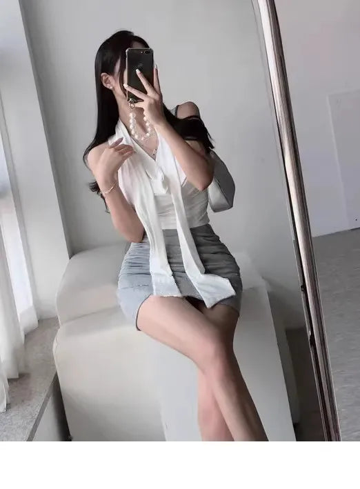 Dongda Gate Pure Desire Sexy Woman Flavor Sleeveless T-shirt Upper Body with Sash Ladylike Temperament Commuter Style Regular...
