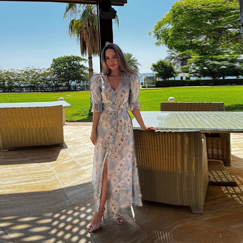 Padded Shoulder Ruffle Maxi Dress V-neck Low Slit Waist Cinching 2026 Springr Holiday Women Flowy Gown Chic Fashion Vestidoes