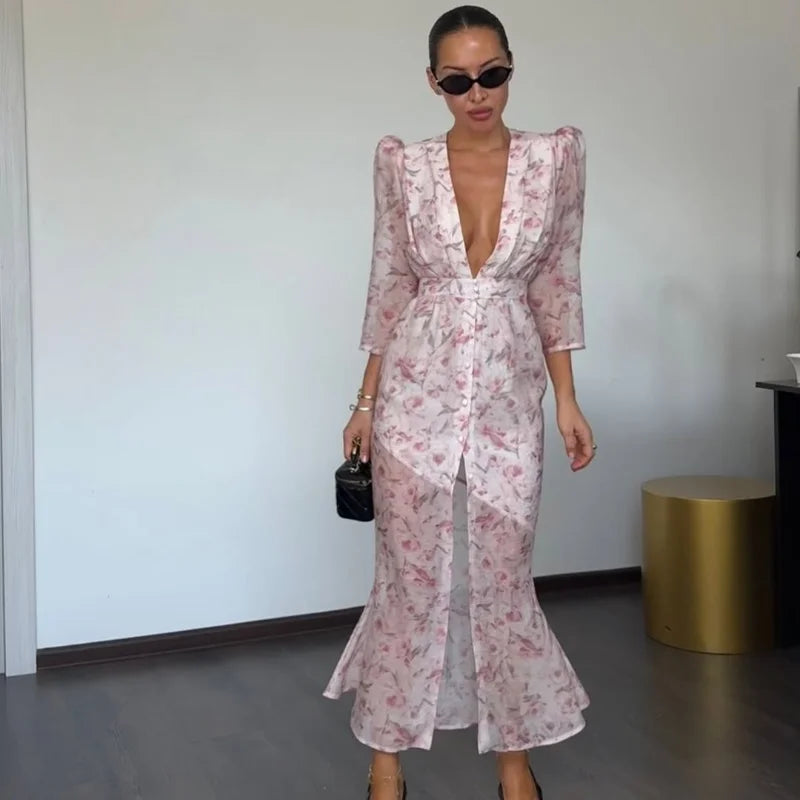 Padded Shoulder Ruffle Maxi Dress V-neck Low Slit Waist Cinching 2026 Springr Holiday Women Flowy Gown Chic Fashion Vestidoes