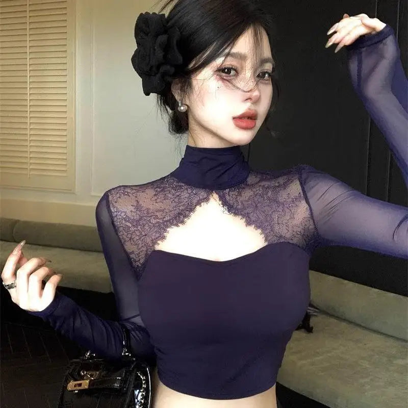 Long Sleeve Lace Splicing Hollow out T-Shirt Women's Spring Design Slim Fit Pure Sexy Purple Short Backless Top