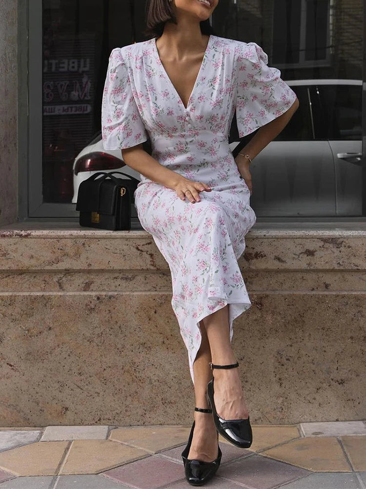 Summer Floral Printed V Neck Long Dress Women Elegant Short Sleeve High Waist Slim Maxi Dress Casual Street Party Lady Vestidos