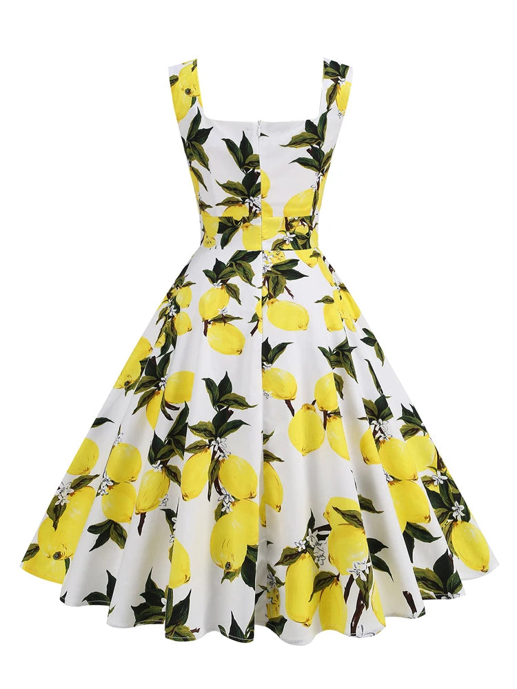 Tonval Lemon Print 40s 50s Pinup Vintage Women Cotton Dresses Square Neck Summer Sleeveless High Waist Elegant Party Dress