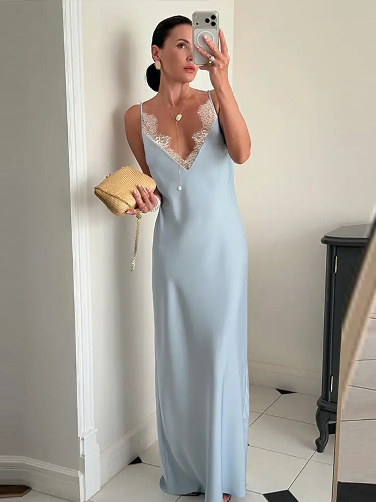 Casual Lace Patchwork Women's Dress Chic V-Neck Slip Top Sleeveless Lady Long Dresses 2026 Spring Summer Female Vacation Robe
