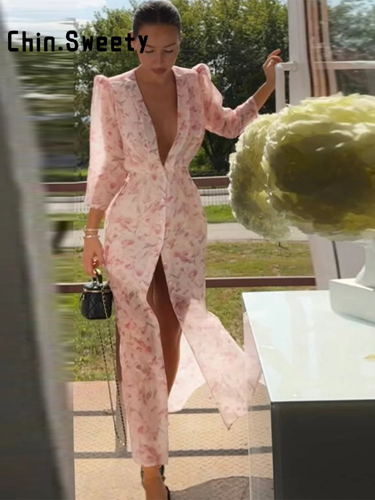 Elegant Printed Women's Dress Organza Deep V-neck Half Sleeved Waist Cinched Pleated Dresses 2026 Summer Lady Holiday Party Robe