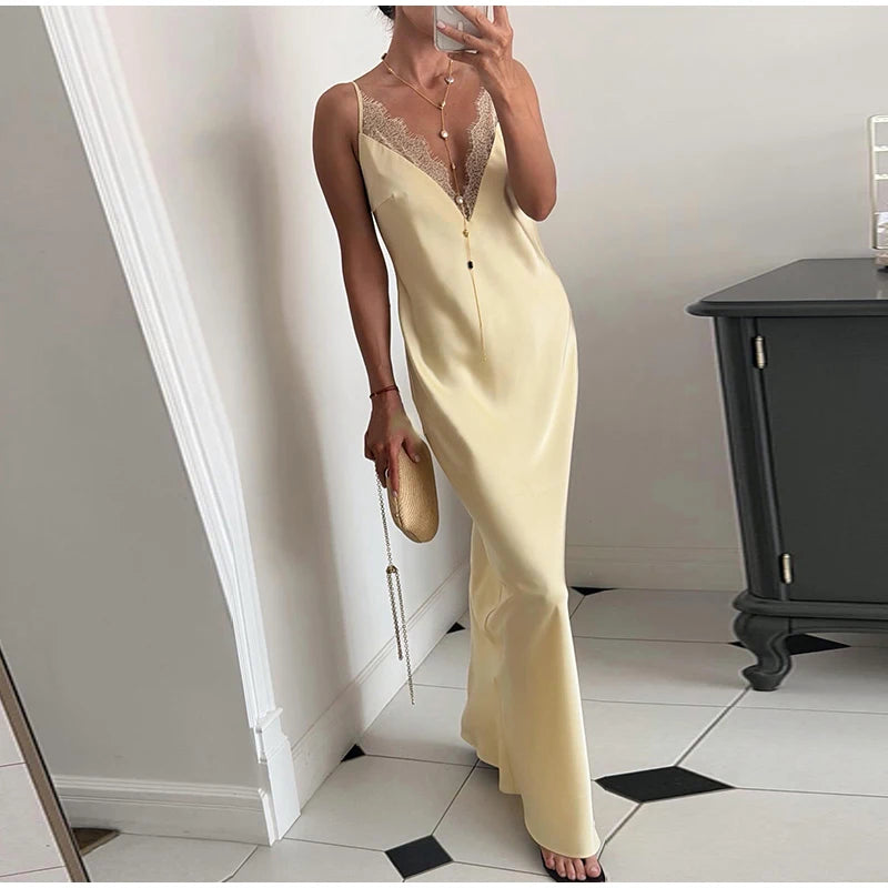 Casual Lace Patchwork Women's Dress Chic V-Neck Slip Top Sleeveless Lady Long Dresses 2026 Spring Summer Female Vacation Robe