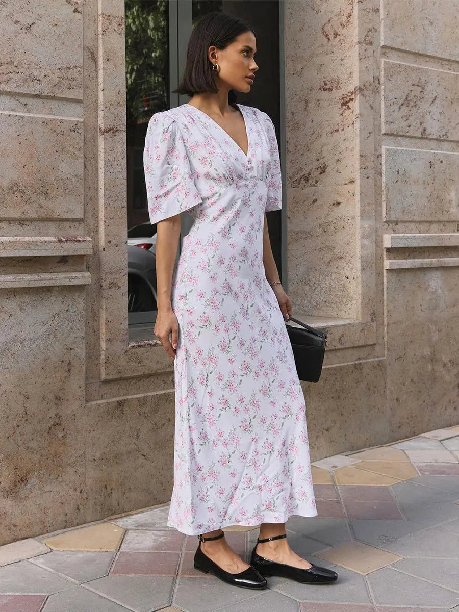 Summer Floral Printed V Neck Long Dress Women Elegant Short Sleeve High Waist Slim Maxi Dress Casual Street Party Lady Vestidos