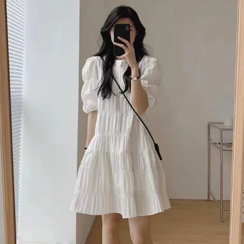 Fashion French Pleaded Dress for Women Elegant Casual Loose Short Sleeve Summer Dress Office Lady Party Dresses Robe New 27992