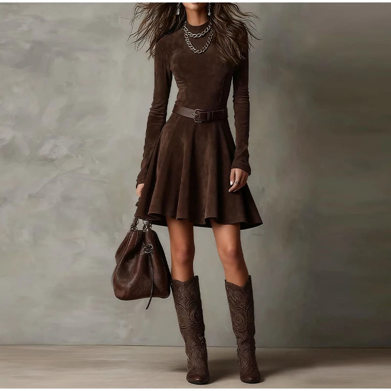 Vintage Half High Neck Long Sleeve Short Dress Women Fashion High Waist Pleasted Zipper Slim Dresses Female Autumn Chic Cloth