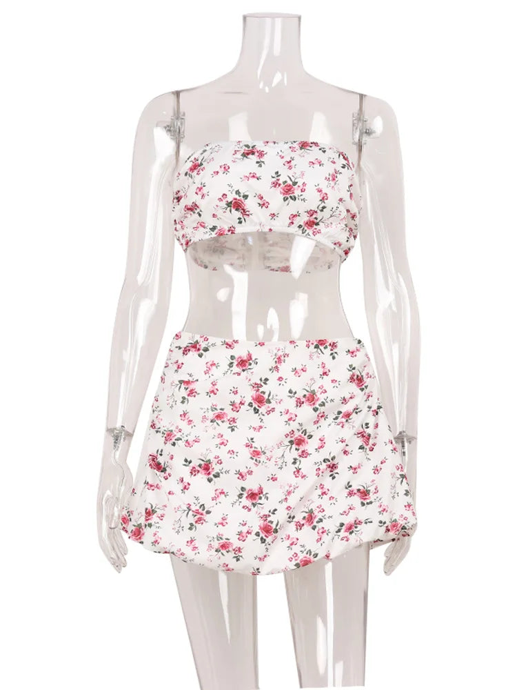 CNYISHE Printed Suits Strapless Sheath Super Short Tees Fashion Sexy Club Women Sets Skinny Casual Female 2-Pieces (Tops+Skirts)