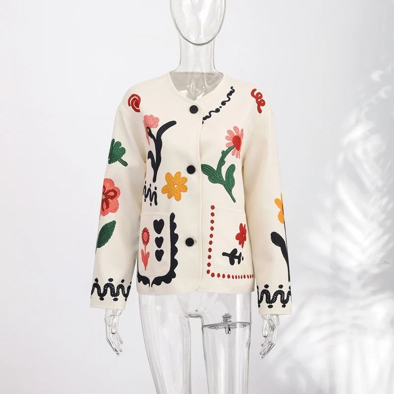 Women Print Floral Jacket Colorful Casual O-neck Long Sleeve Single Breasted Pocket Jackets 2026 Spring Summer Chic Retro Coat