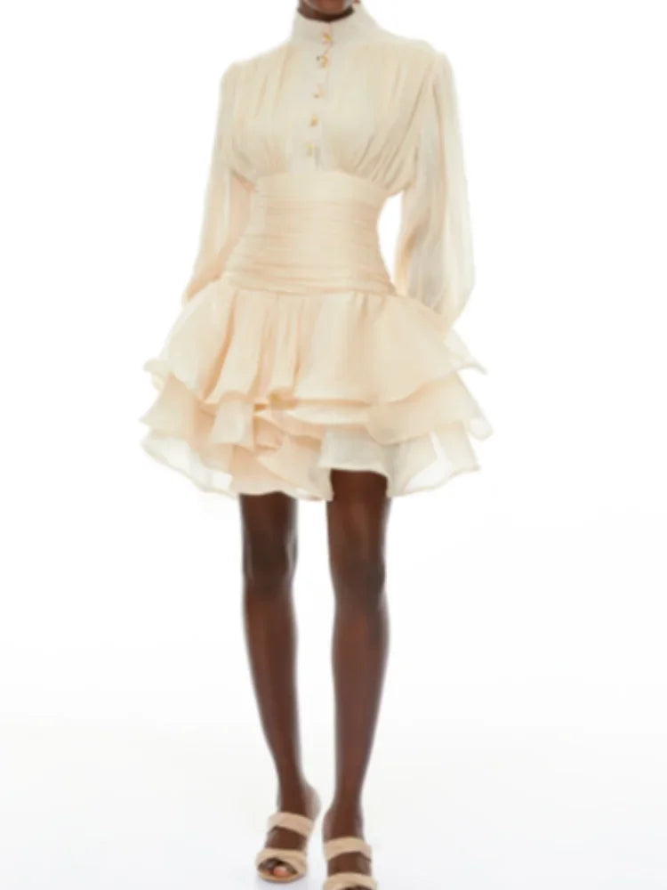 Elegant High Collar Ruffled Mini Dress Women Chic Long Puff Sleeves Waist Cinching A-line Dresses 2026 Lady Evening Dinner Gowns