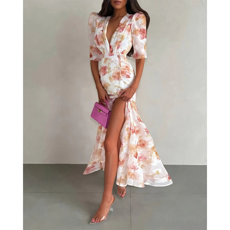 Pink Floral Print Slim Fit Dress Women Chic V-neck Ruffle Trim Flare Full Sleeves Ruched Slit Long Dresses Lady Elegant Wear New