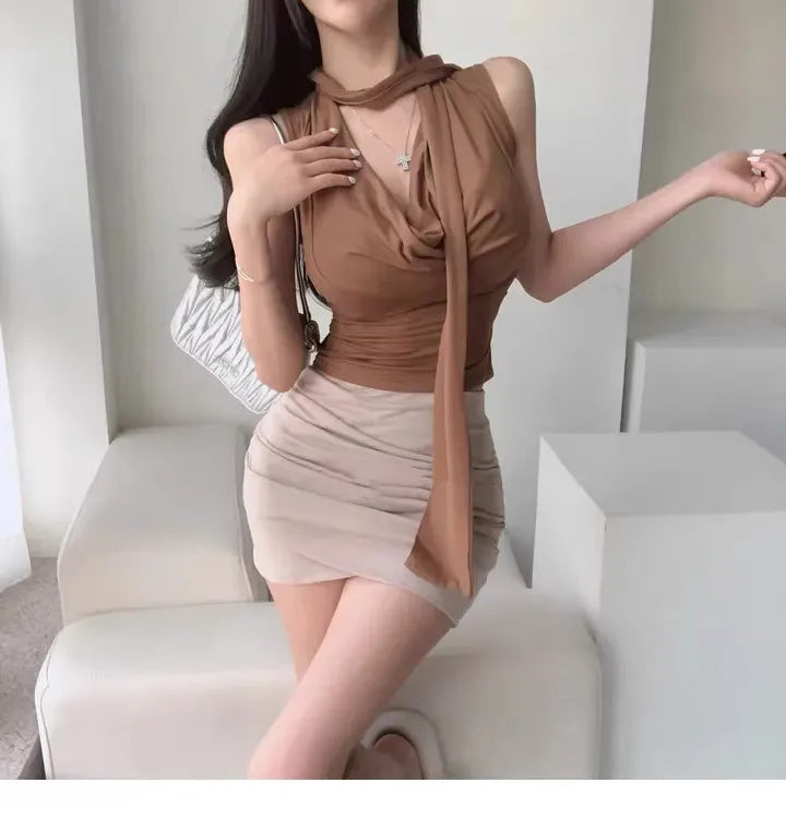 Dongda Gate Pure Desire Sexy Woman Flavor Sleeveless T-shirt Upper Body with Sash Ladylike Temperament Commuter Style Regular...