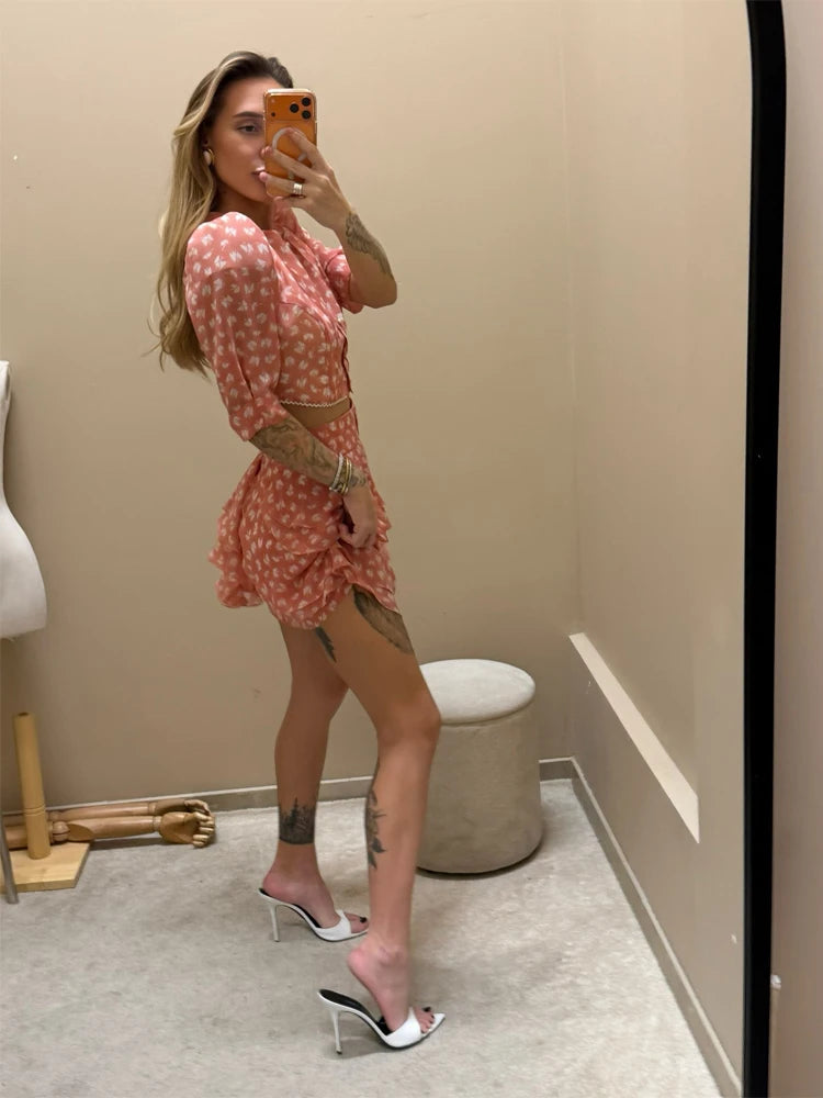Women's Elegant Floral Print Two Piece Set Fashion Puff Sleeve Crop Top Layered Ruffle Mini Skirt Sets 2026 New Lady Daily Suits