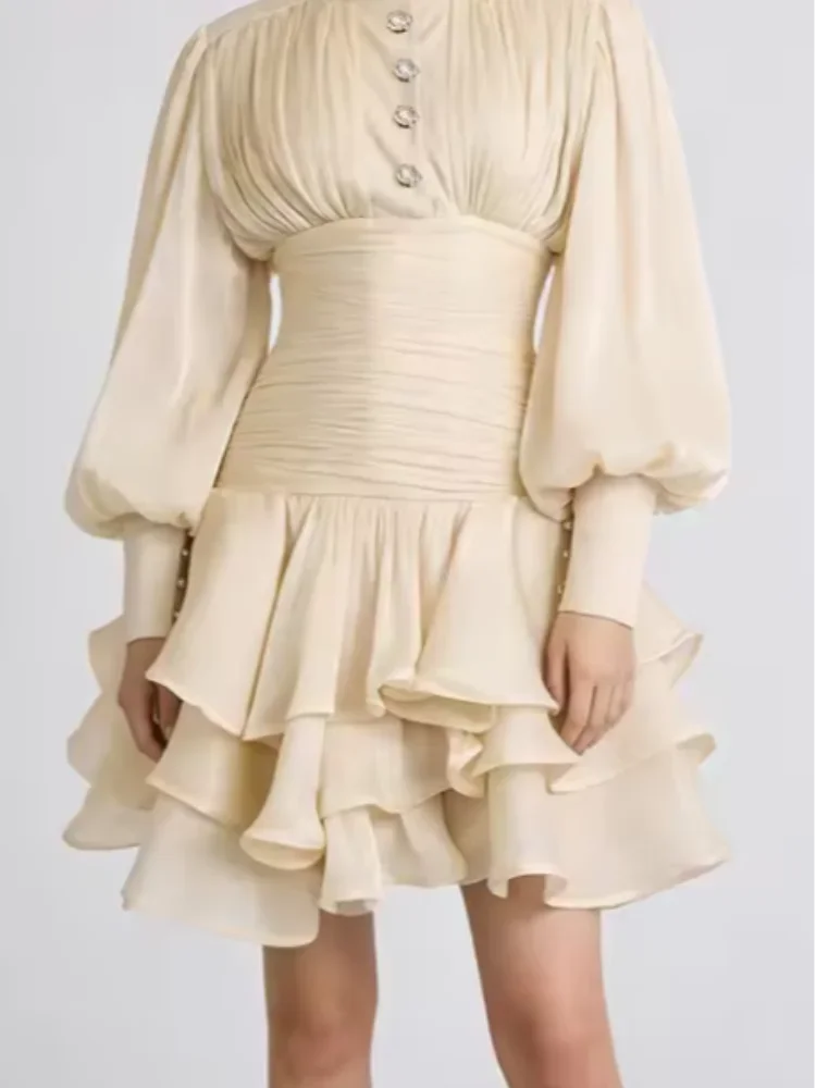 Elegant High Collar Ruffled Mini Dress Women Chic Long Puff Sleeves Waist Cinching A-line Dresses 2026 Lady Evening Dinner Gowns