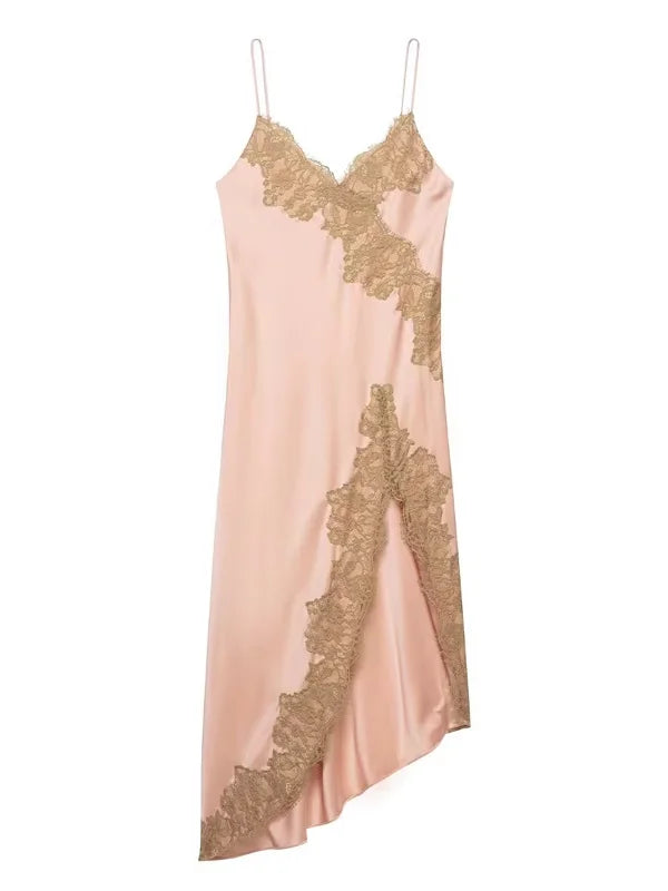 Butter Yellow Satin Bias Cut Lace Patchwork Midi Dress Women's V Neck Backless Suspenders Dresses 2026 New Dinner Party Vestidos