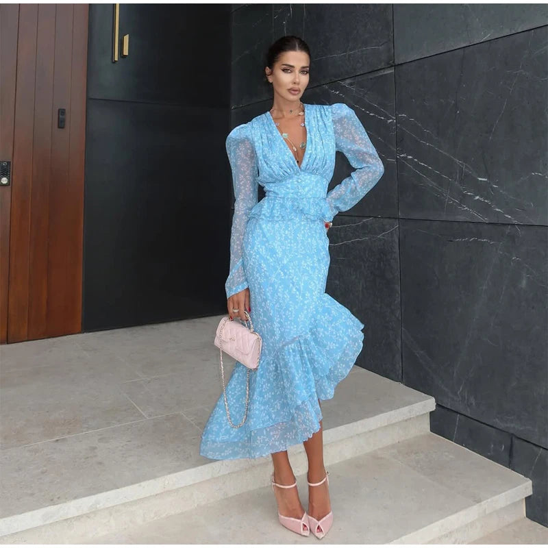 Flutter Sleeves Pleated Long Dress Women Chic Deep V-neck Floral Print Sexy Waist Cinching Vestidos Lady Holiday Street Dresses