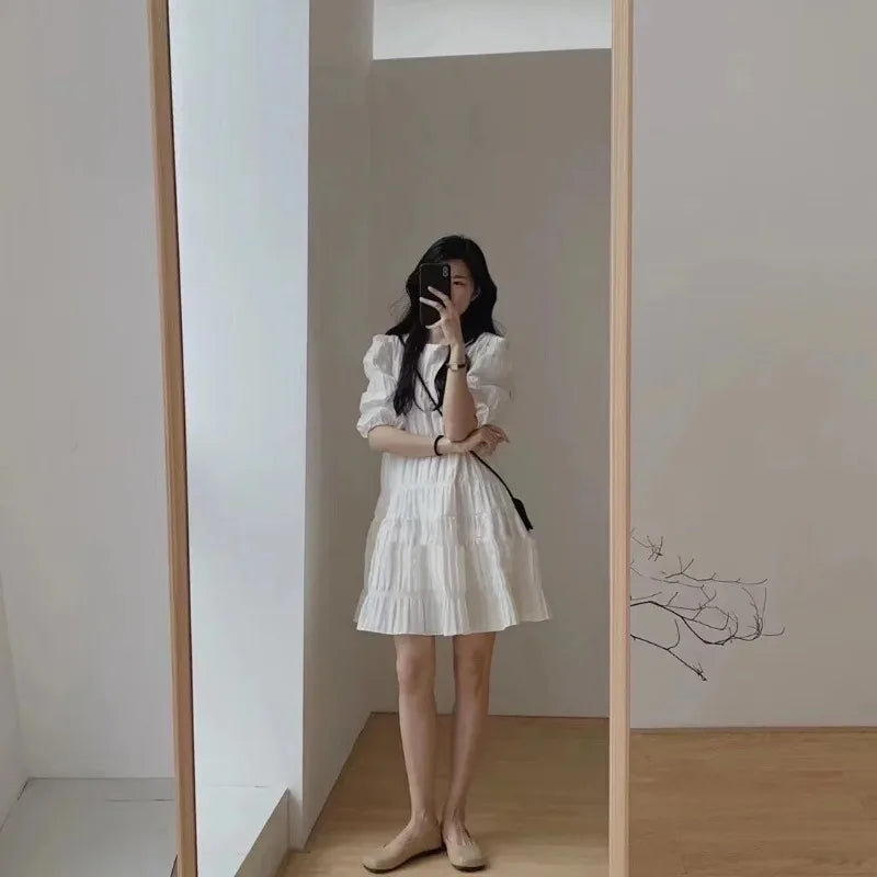 Fashion French Pleaded Dress for Women Elegant Casual Loose Short Sleeve Summer Dress Office Lady Party Dresses Robe New 27992