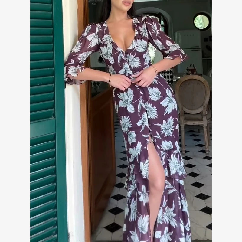 Pink Floral Print Slim Fit Dress Women Chic V-neck Ruffle Trim Flare Full Sleeves Ruched Slit Long Dresses Lady Elegant Wear New