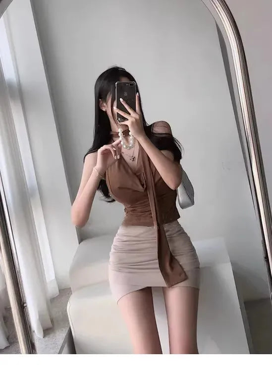 Dongda Gate Pure Desire Sexy Woman Flavor Sleeveless T-shirt Upper Body with Sash Ladylike Temperament Commuter Style Regular...