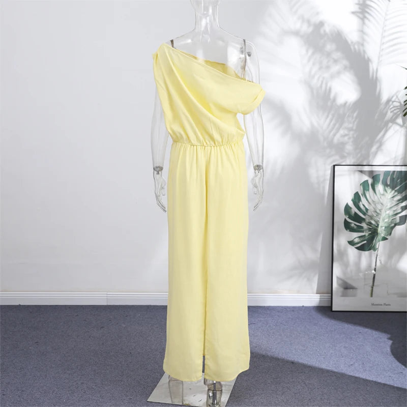 Elegant One Shoulder Solid Dress Women's Waist-cinching Side Split Ankle-length Dresses 2026 Summer New Lady Casual Cozy Robes