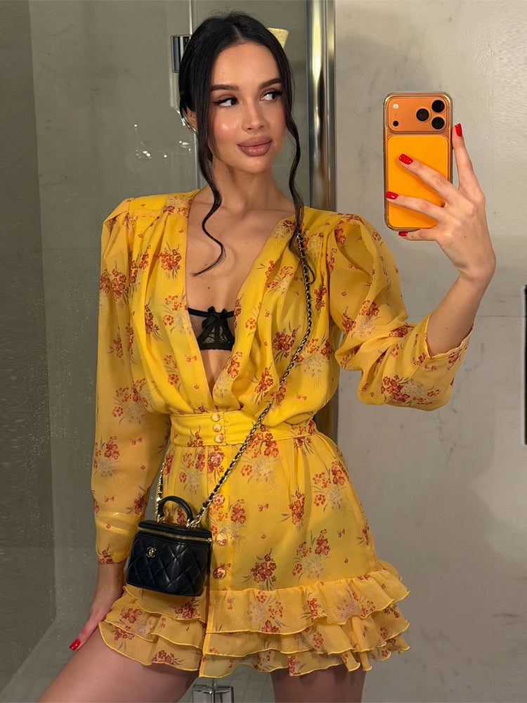 Elegant Print Low-cut Ruffle Short Dress Women V-neck Short-sleeved Waist Cinching Pleated Mini Dresses Lady Party Vestidos 2026