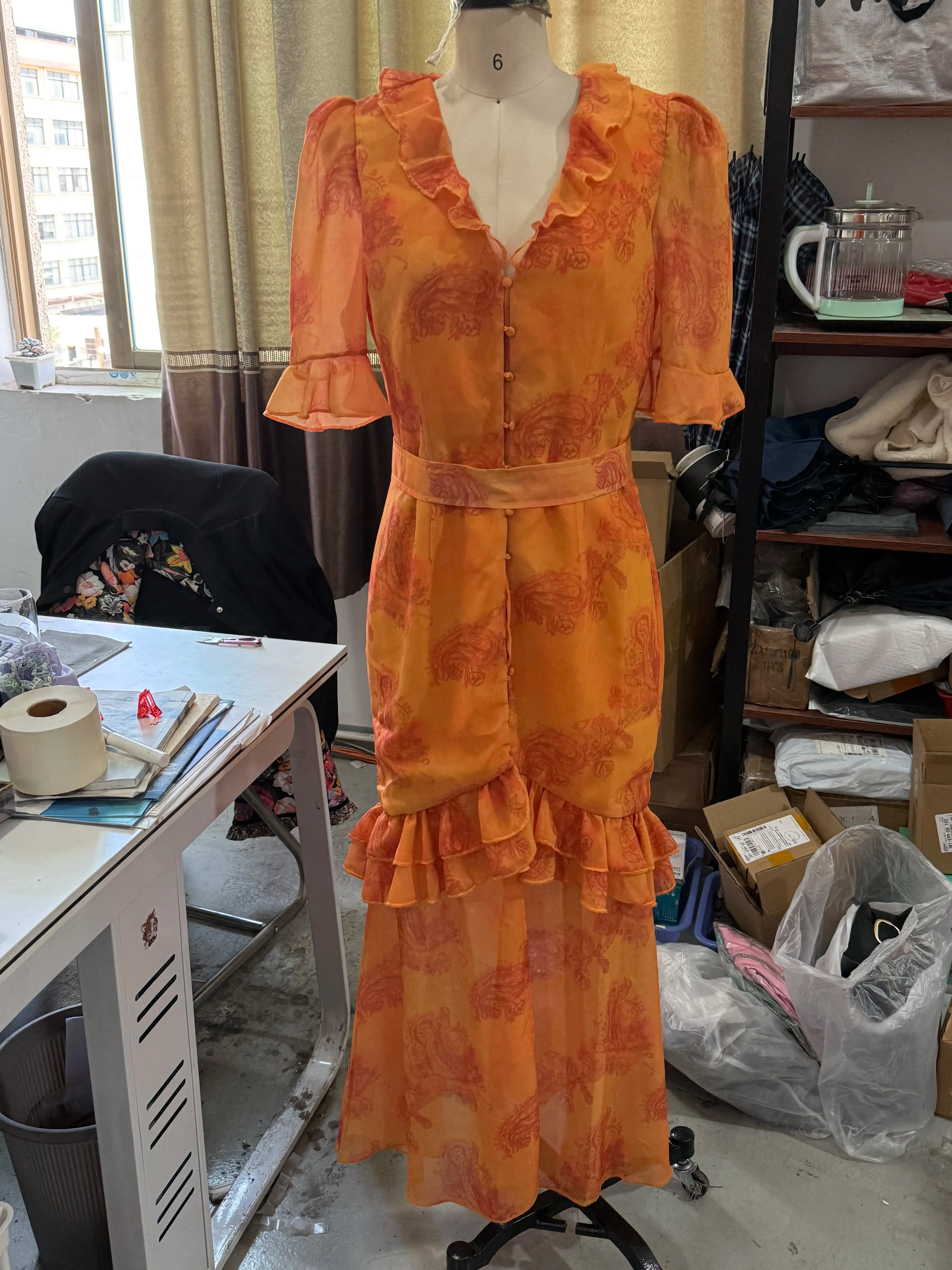 Flutter Sleeves Pleated Long Dress Women Chic Deep V-neck Floral Print Sexy Waist Cinching Vestidos Lady Holiday Street Dresses