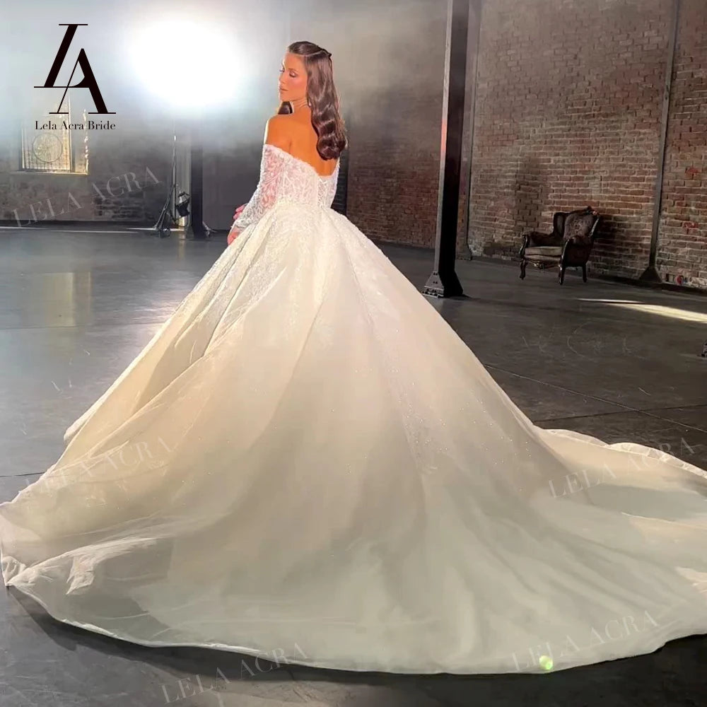 Off the Shoulder Ball Gown Wedding Dress 2026 Long Sleeve Chapel Train Princess Bride LelaAcra SM103 Custom Vestido de Noiva