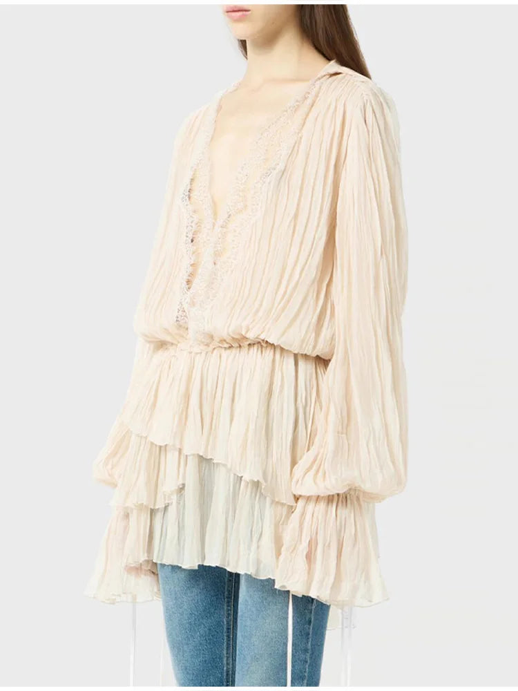 Elegant Beige Pleated Ruffle Mini Dresses Women Lace Trim V Neck Long Sleeve Boho Casual Boho Beach Dress Chic Daily Streetwear