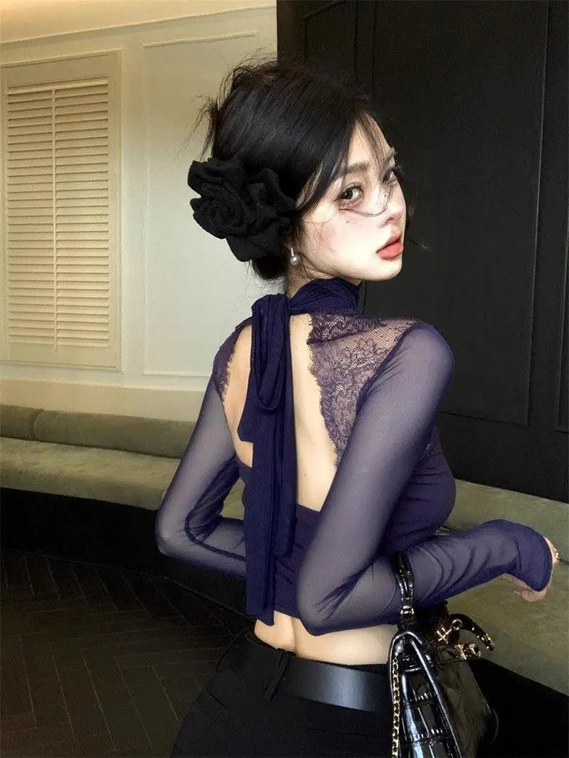 Long Sleeve Lace Splicing Hollow out T-Shirt Women's Spring Design Slim Fit Pure Sexy Purple Short Backless Top