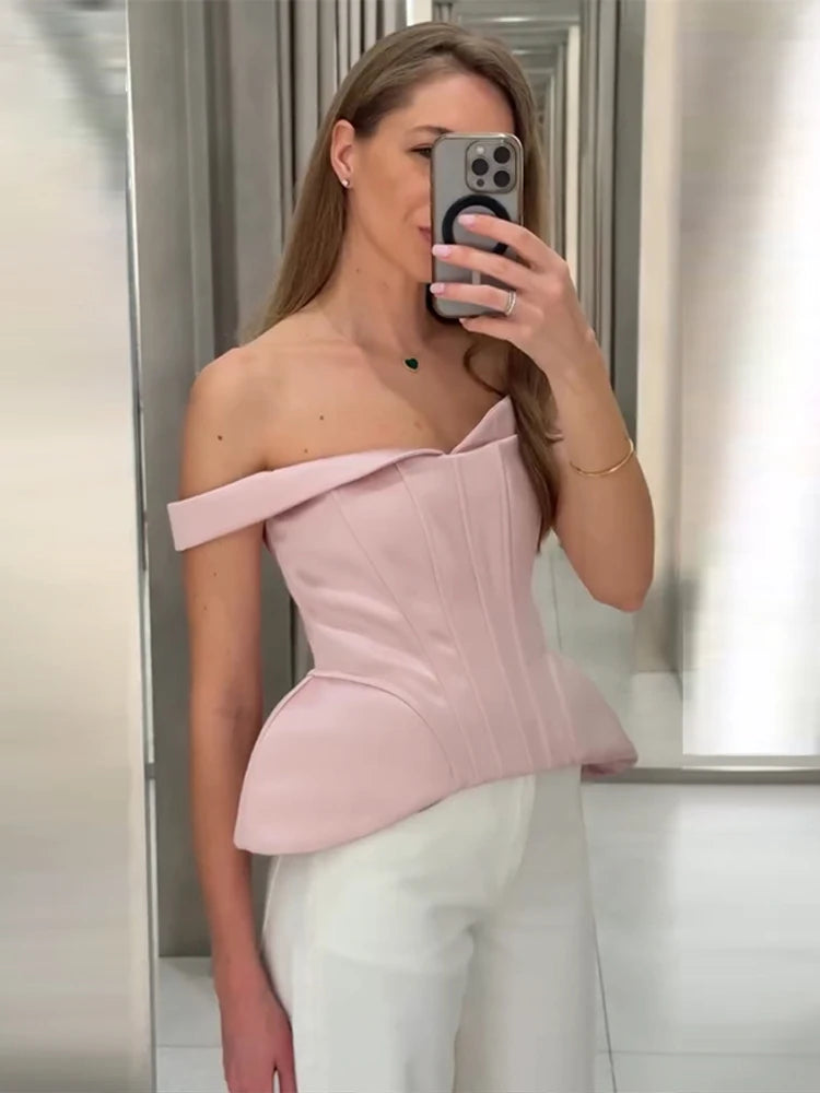 Sexy Women's Top Off Shoulder Slim Fish Bone A-line Hem Solid Female Corset 2026 Summer Fashion Chic Elegant Party Lady Outwear
