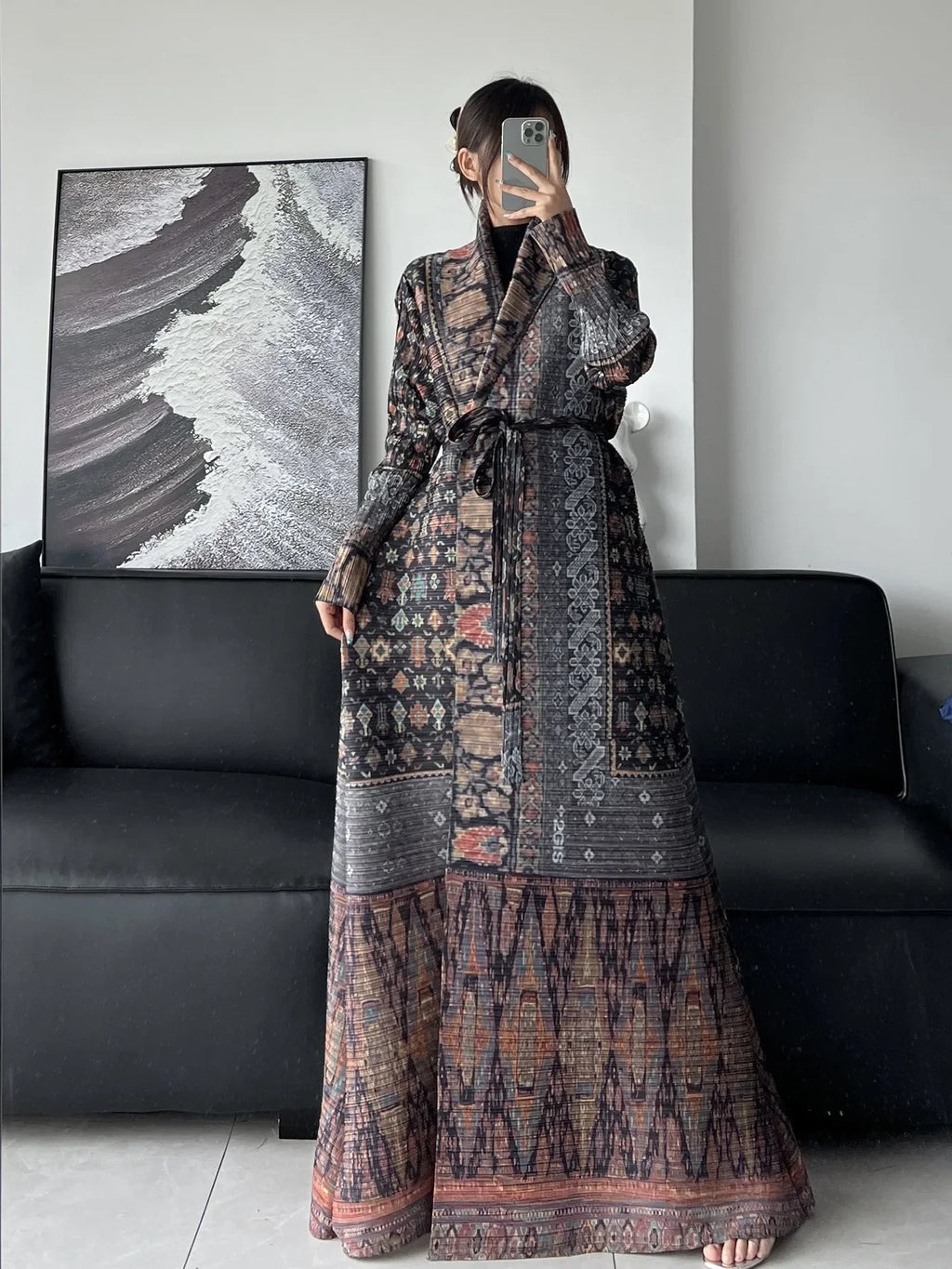 Miyake Pleats Robe Dresses 2024 Plus Size Printed Casual Airy Poncho Jacket Coat Coat Poncho Printed Plus Size Trench Coat