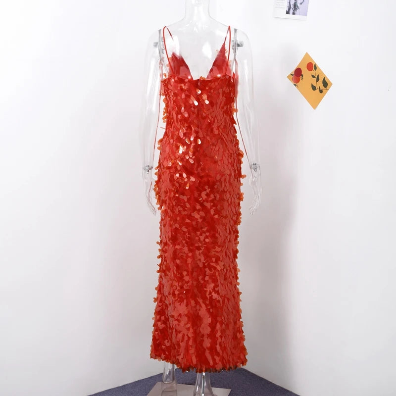 Fashion Sequined V Neck Sling Dress Women Evening Party Sleeveless Backless High Waist Maxi Dresses 2024 New Christmas Gown Robe