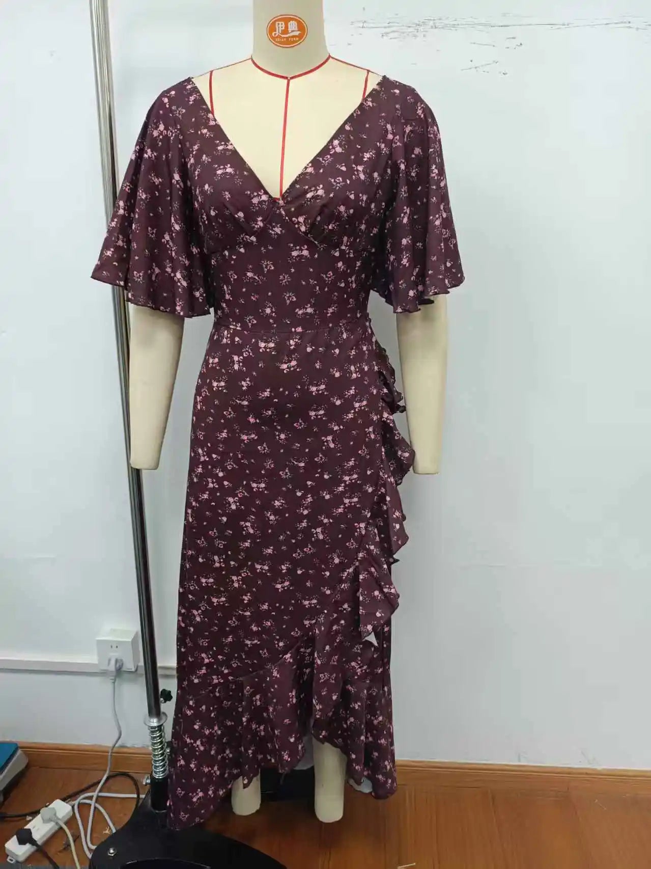 Elegant Printed Ruffles Long Women's Dress Asymmetric V-neck Flare Sleeve Slit Party Dresses 2026 Summer Floral Vacation Robes