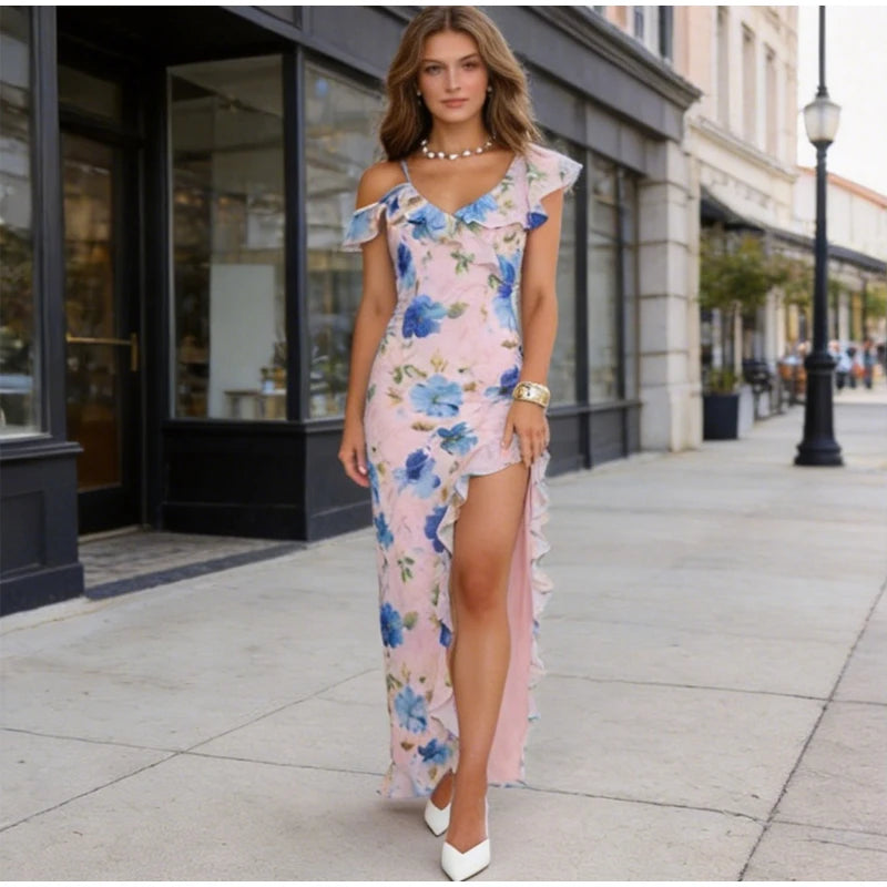 Flutter Sleeves Pleated Long Dress Women Chic Deep V-neck Floral Print Sexy Waist Cinching Vestidos Lady Holiday Street Dresses