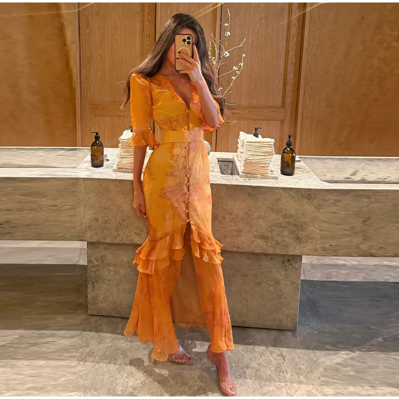 Padded Shoulder Ruffle Maxi Dress V-neck Low Slit Waist Cinching 2026 Springr Holiday Women Flowy Gown Chic Fashion Vestidoes