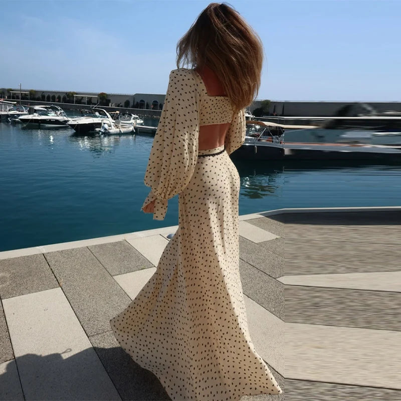 Sexy Polka Dot Cropped Top Long Skirt Women Lantern Sleeve Slash Neck Lace Up Top Maxi Skirts 2026 Summer Lady Beach Outfits
