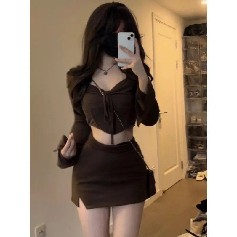 Sweet Pure Desire Short Size Set Drawstring Pleated Short Top And Skirt Two Piece Set for Small Women Casual Style Autumn Fas...