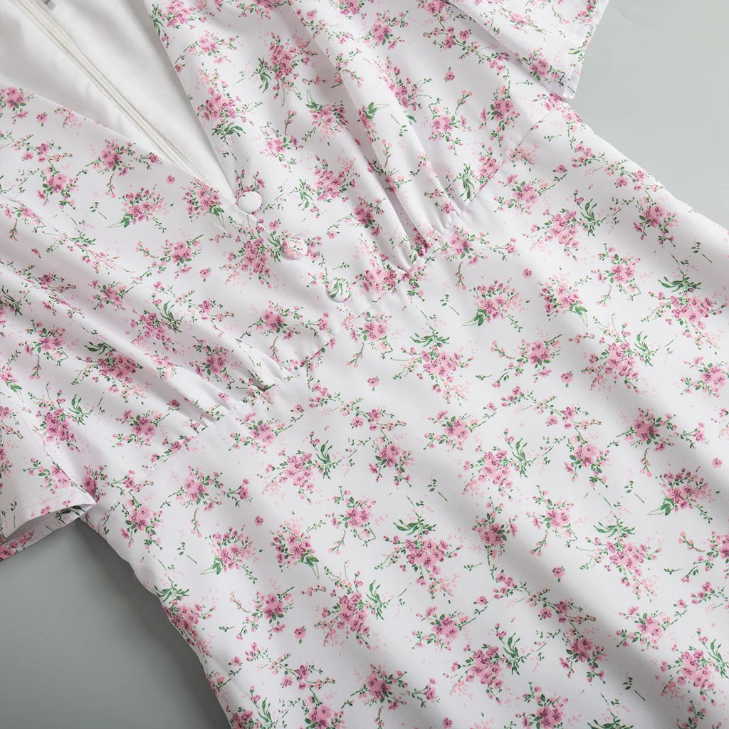 Summer Floral Printed V Neck Long Dress Women Elegant Short Sleeve High Waist Slim Maxi Dress Casual Street Party Lady Vestidos