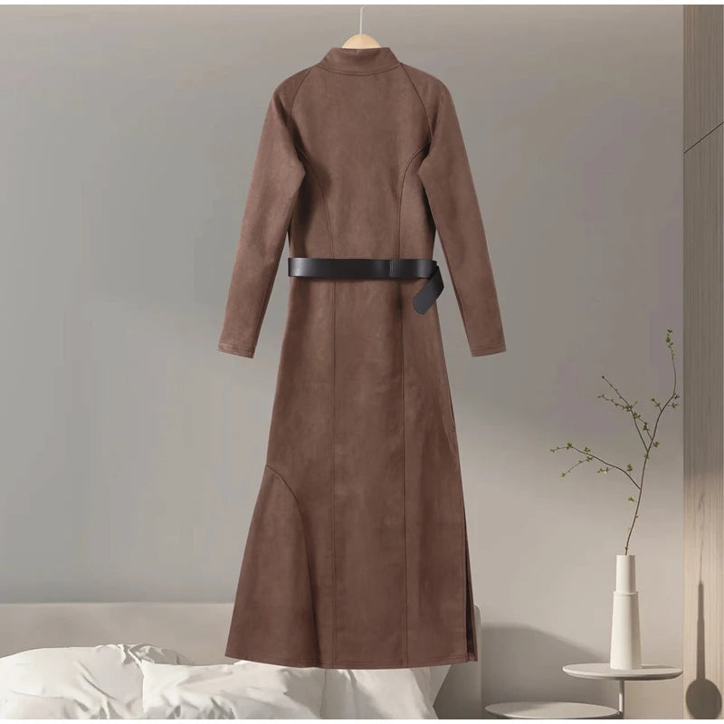 Vintage Half High Neck Long Sleeve Short Dress Women Fashion High Waist Pleasted Zipper Slim Dresses Female Autumn Chic Cloth