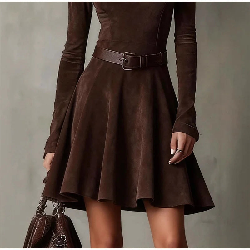 Vintage Half High Neck Long Sleeve Short Dress Women Fashion High Waist Pleasted Zipper Slim Dresses Female Autumn Chic Cloth