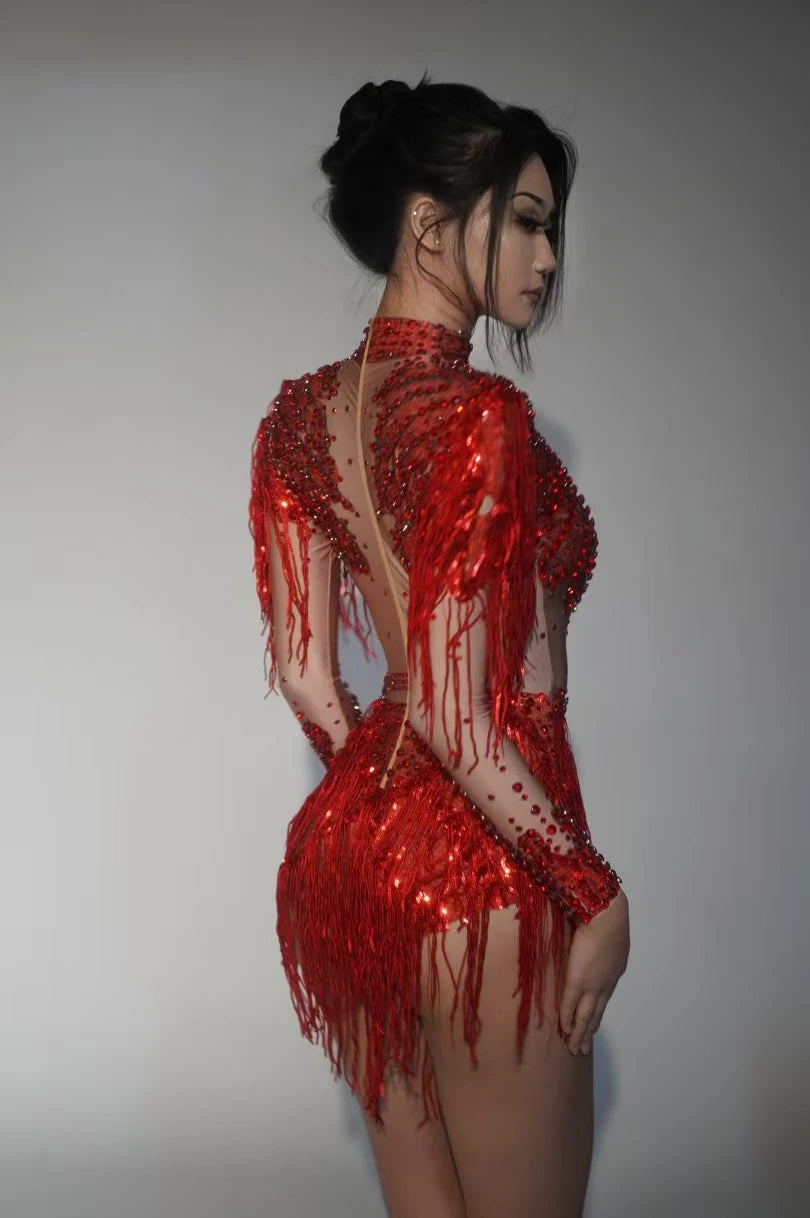 Sexy Elastic Rhinestone Tassel Party Bodysuit OutfiSet Women Nightclub Prom Crystal Fringe LeotardDance Stage Wear Nainiang Q025