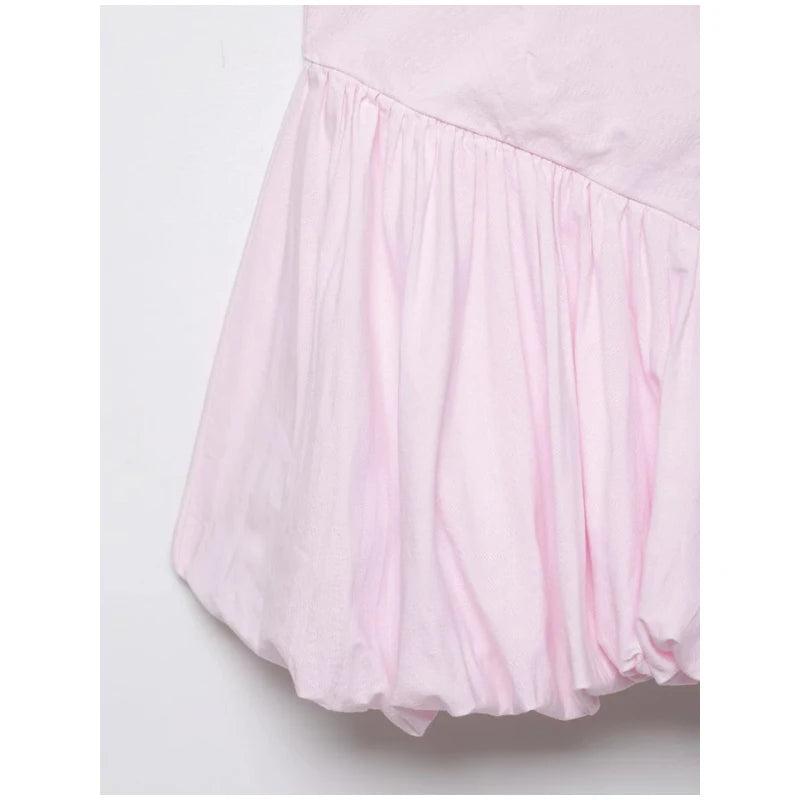 Pink Chic Halter Mini Dress Lady Backless Off-shoulder Hollow Out Lace Up Pleated Bubble Vestidos Women Party Club Dresses