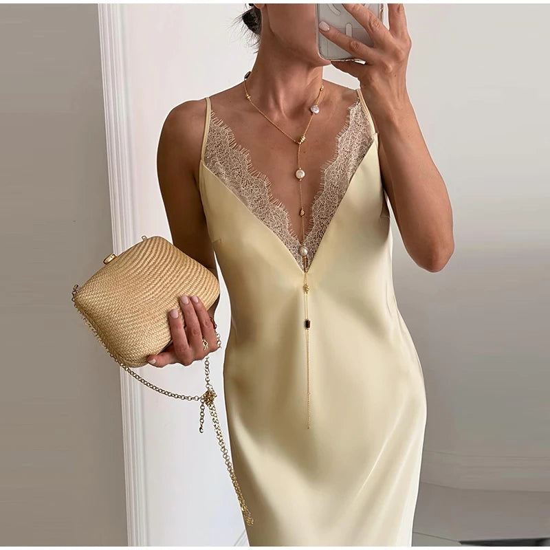 Casual Lace Patchwork Women's Dress Chic V-Neck Slip Top Sleeveless Lady Long Dresses 2026 Spring Summer Female Vacation Robe